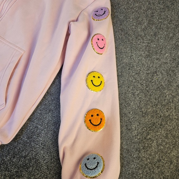 Lola + The Boys Girls Pink Smiley Face Patch Zip Up Hoodie Sweatshirt Size 12 - Picture 2 of 9